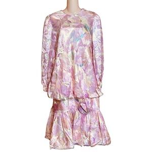 Vintage 80s Pastel Drop Waist 20s Pink Floral Blouson Dress Silky L/XL 40X38X46